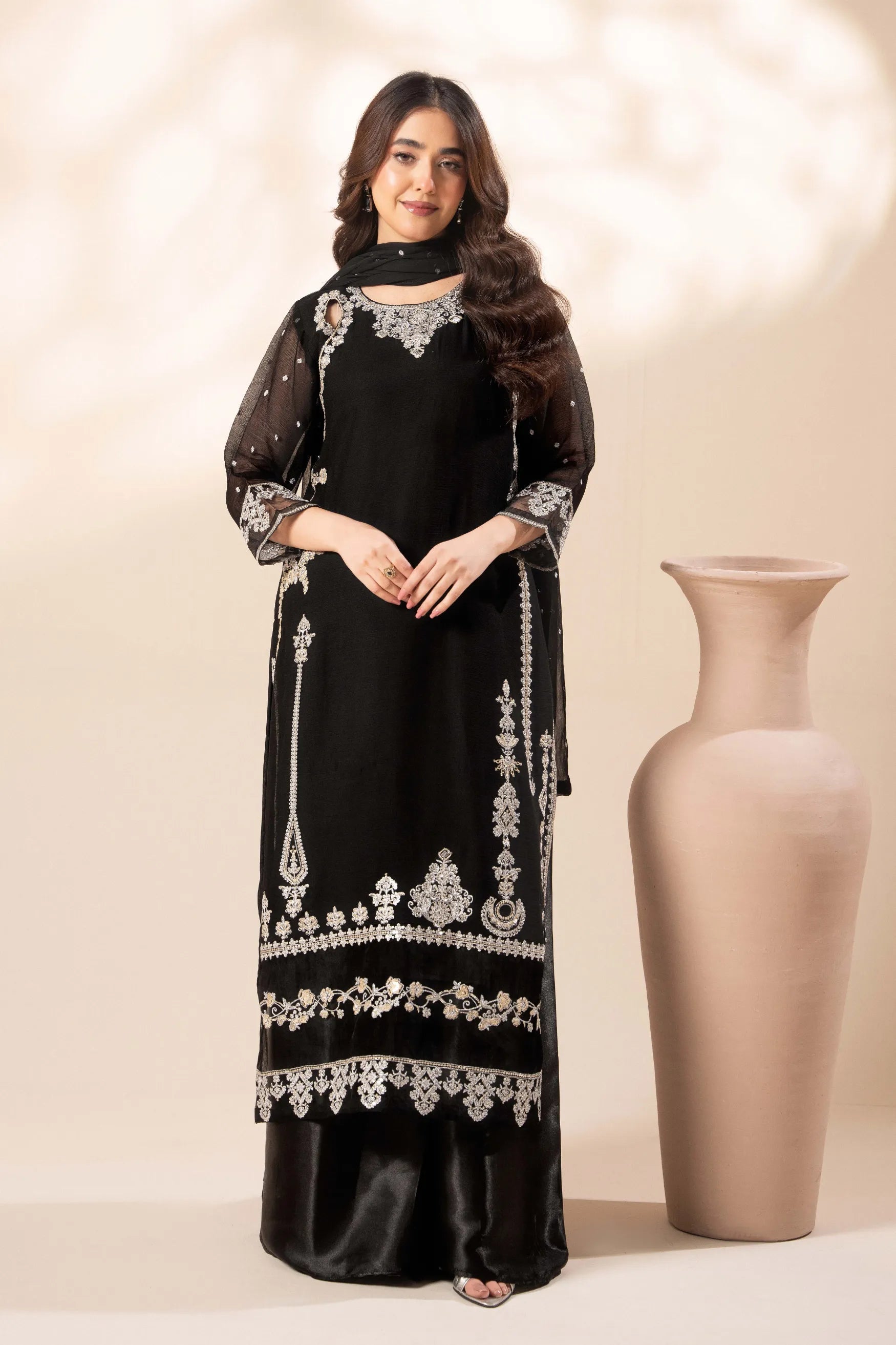 Elara Black – Luxury Black Chiffon Embroidered Sharara 3PC