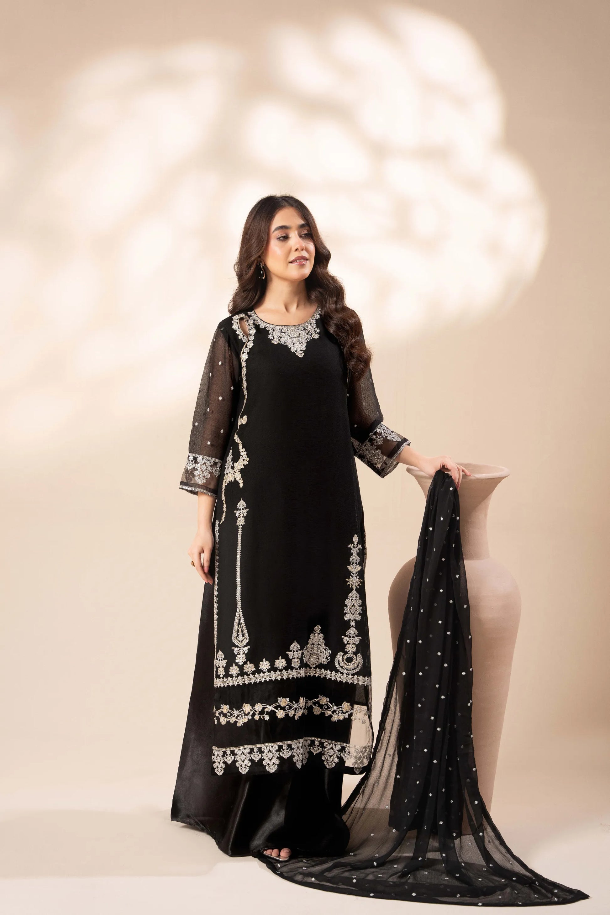 Elara Black – Luxury Black Chiffon Embroidered Sharara 3PC