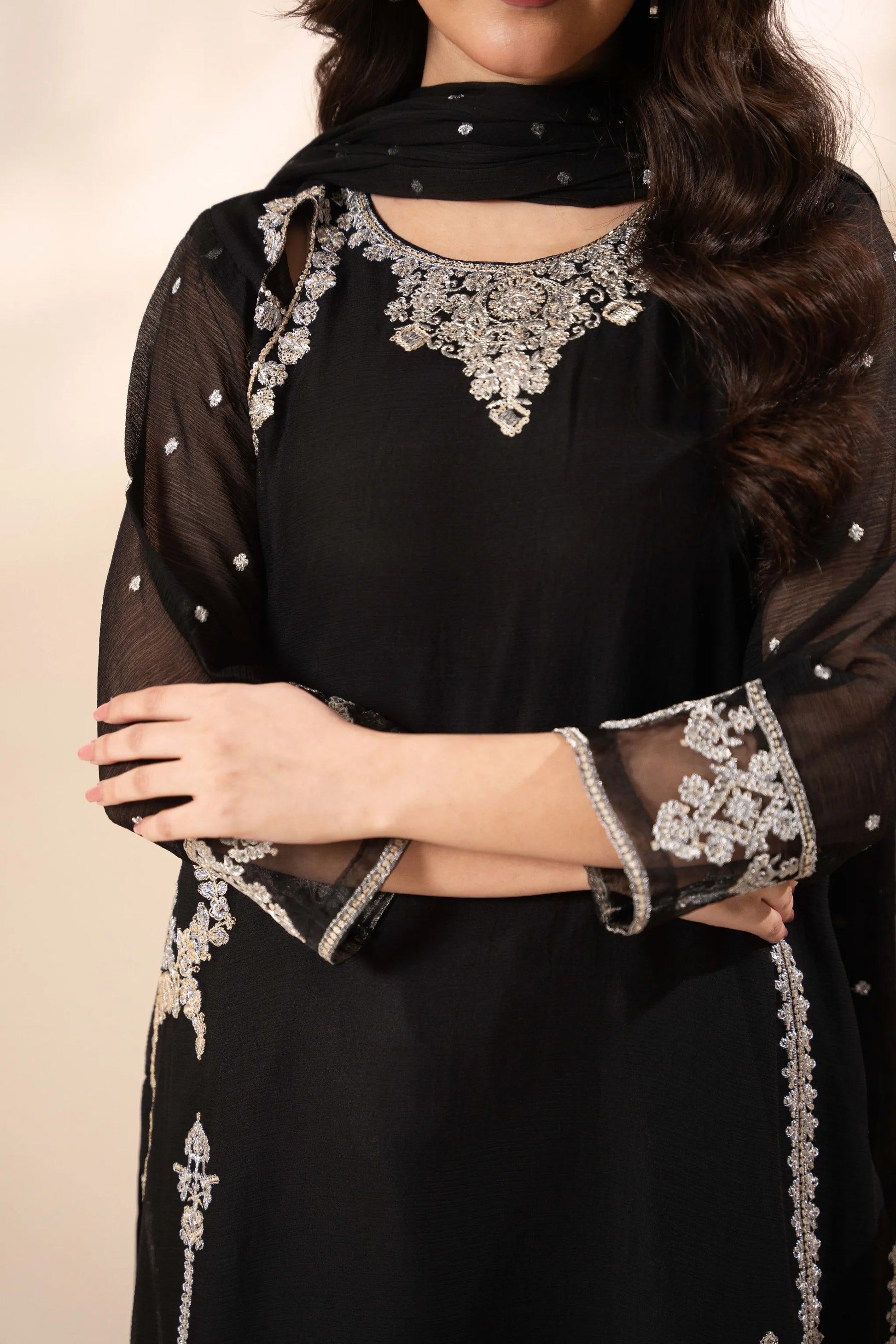 Elara Black – Luxury Black Chiffon Embroidered Sharara 3PC