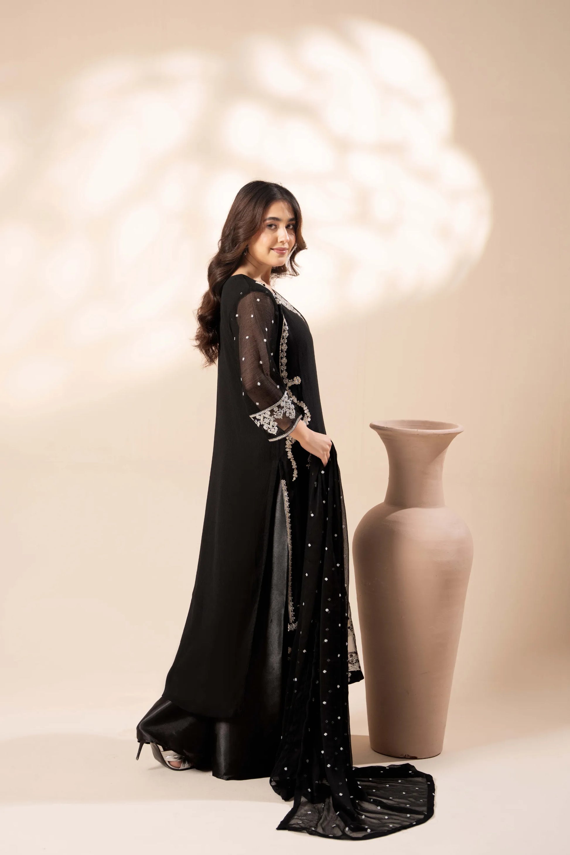 Elara Black – Luxury Black Chiffon Embroidered Sharara 3PC