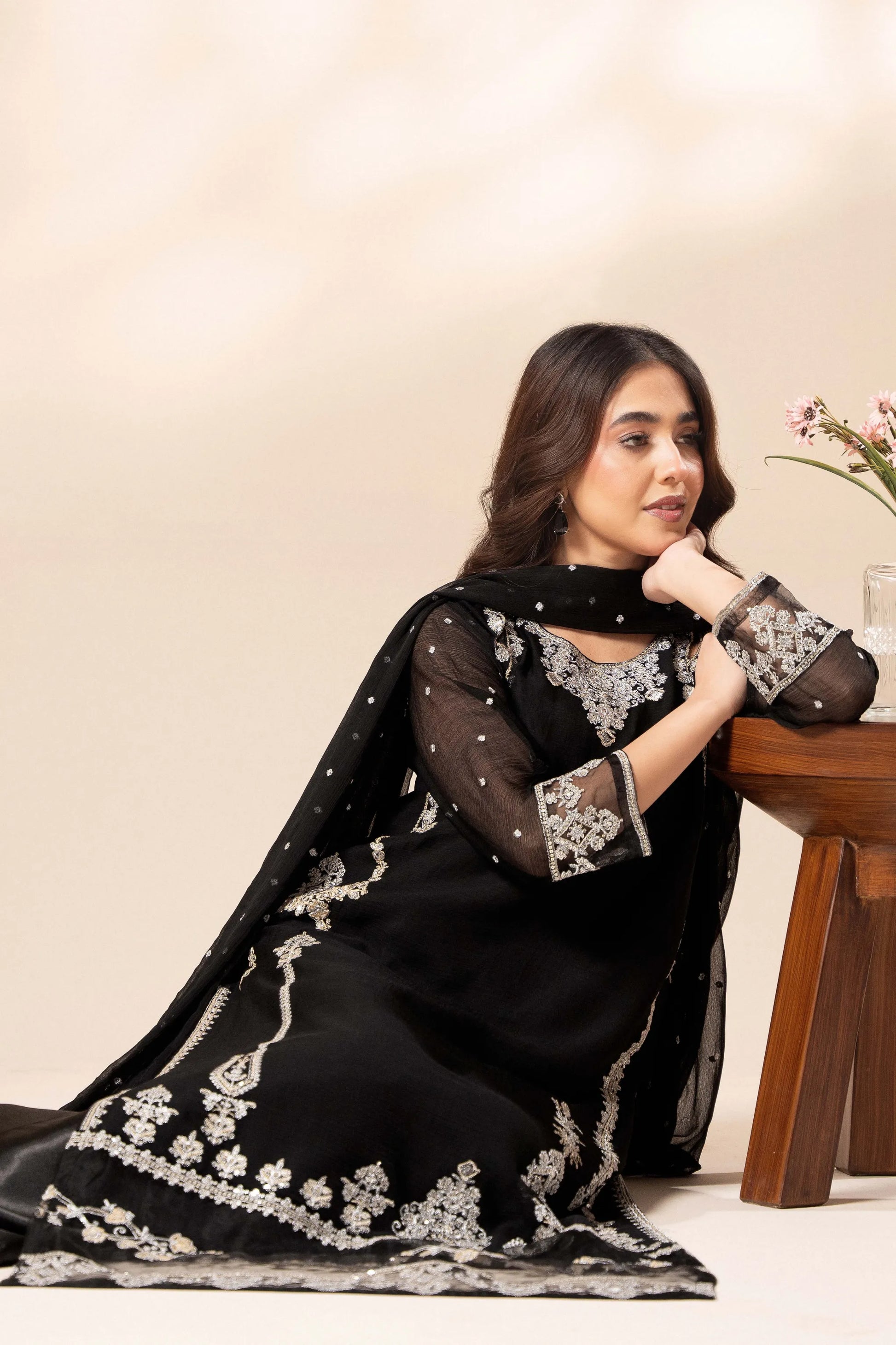 Elara Black – Luxury Black Chiffon Embroidered Sharara 3PC