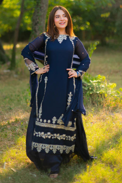 Elara Blue – Luxury Blue Chiffon Embroidered Sharara 3PC