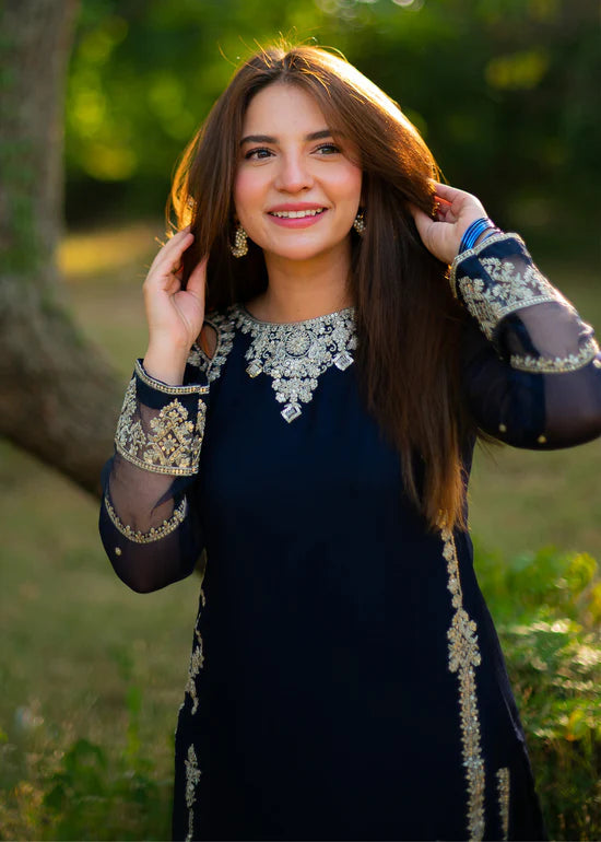 Elara Blue – Luxury Blue Chiffon Embroidered Sharara 3PC