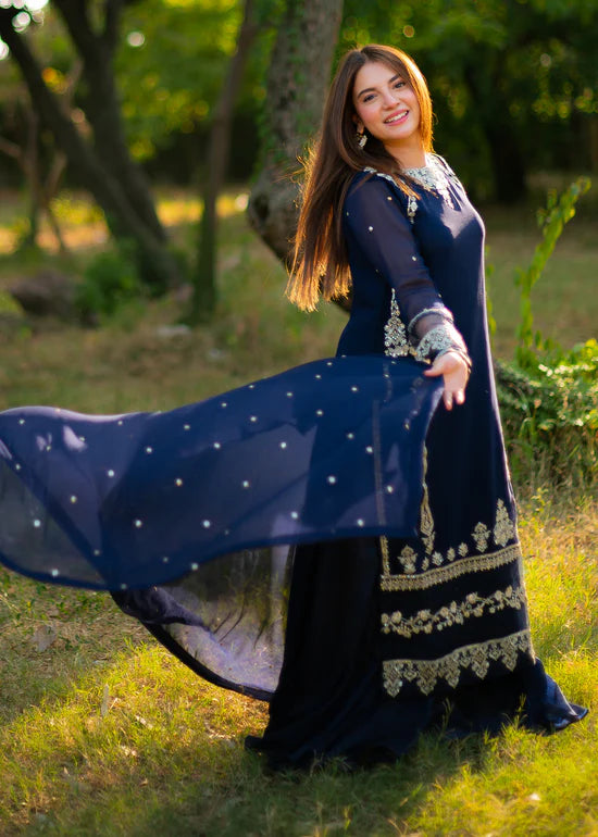 Elara Blue – Luxury Blue Chiffon Embroidered Sharara 3PC