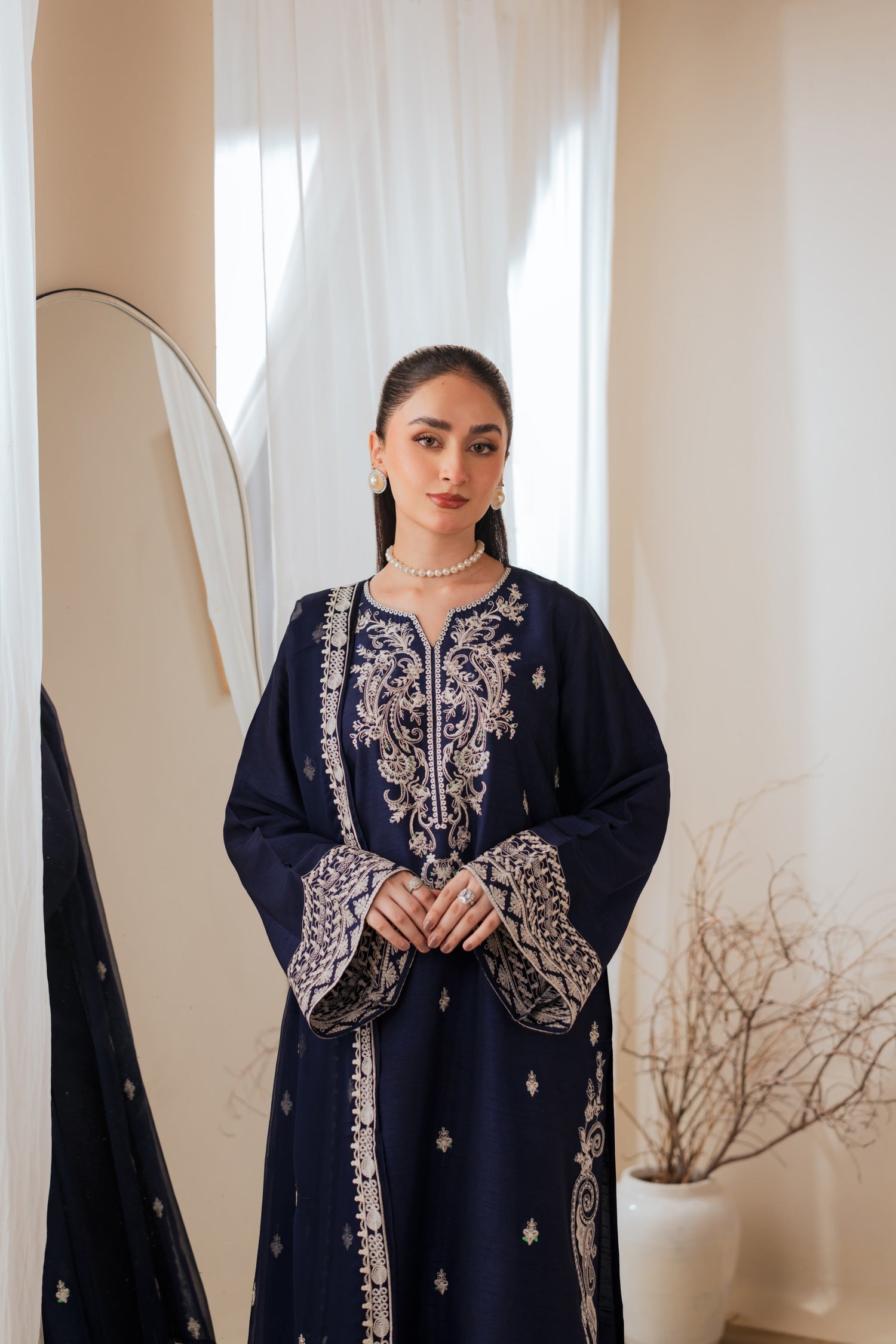 RABEEL – Navy Blue Embroidered Marina 3 Piece Winter Suit with Chiffon Dupatta