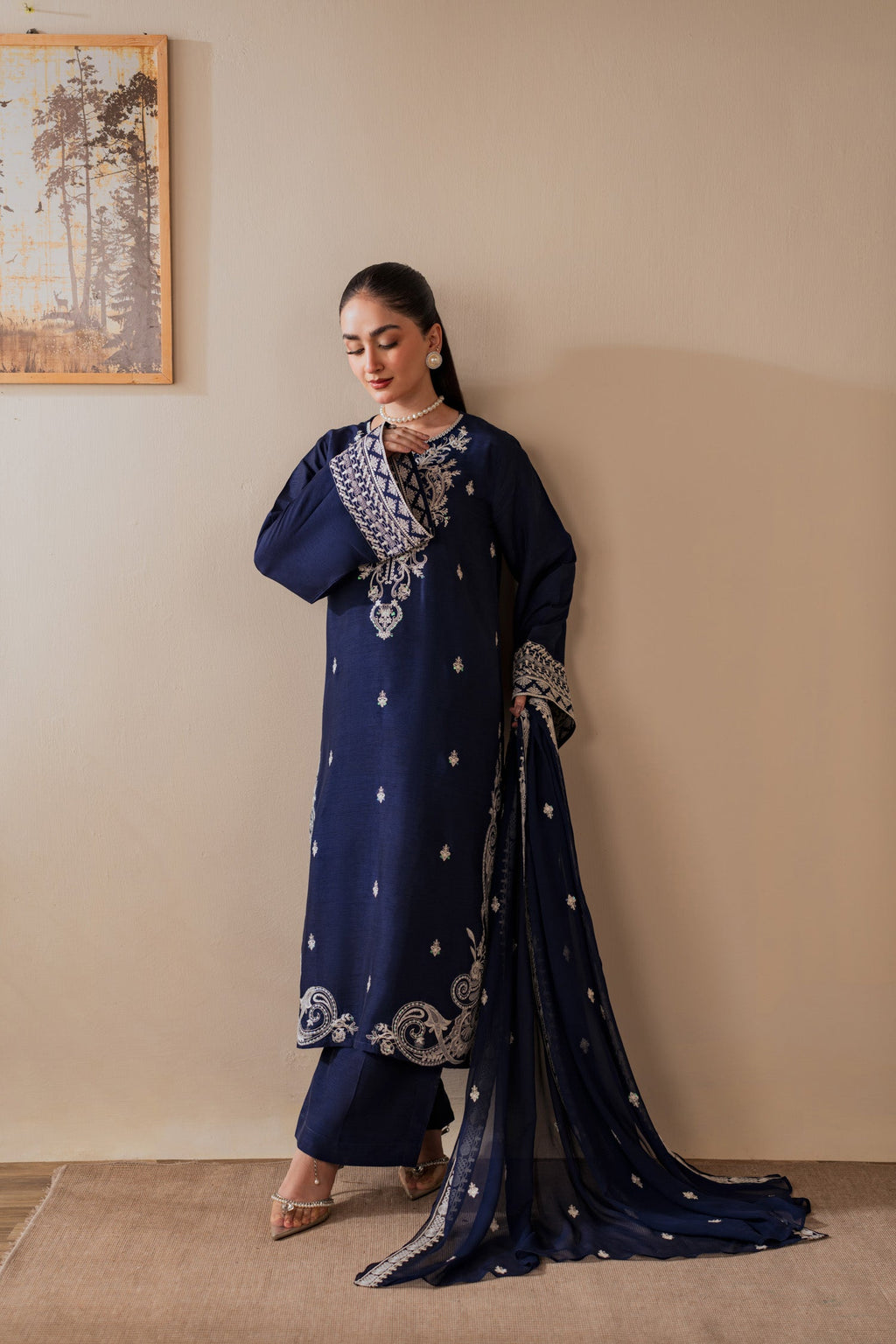 RABEEL – Navy Blue Embroidered Marina 3 Piece Winter Suit with Chiffon Dupatta