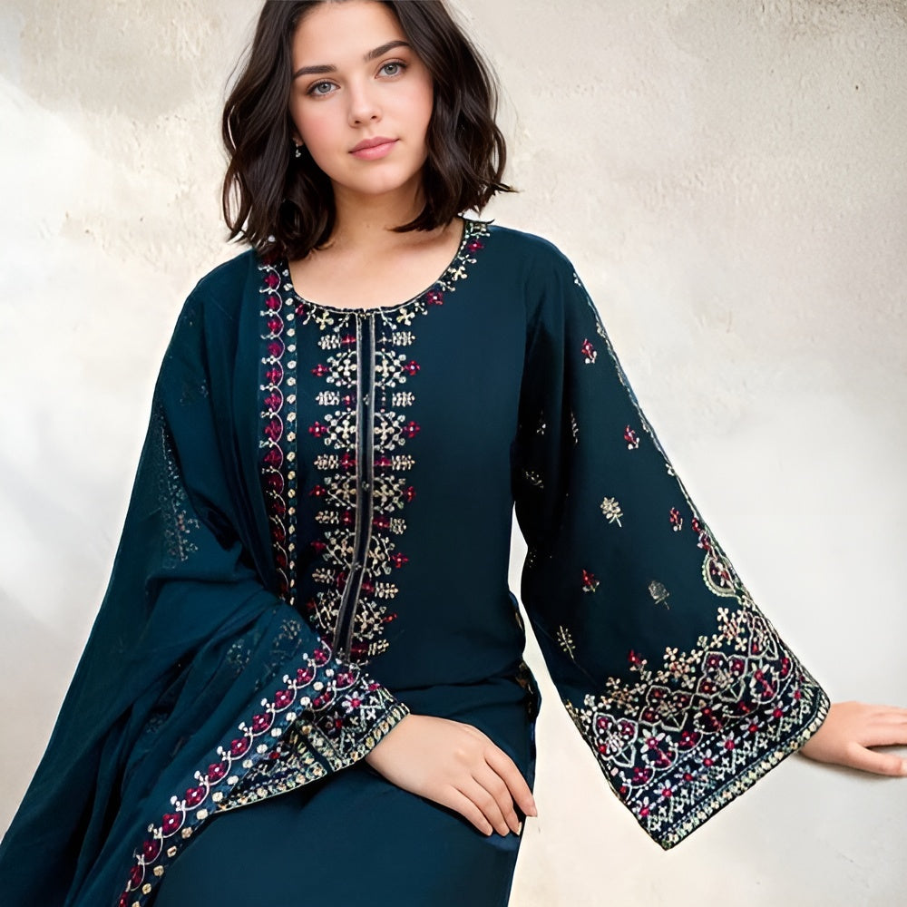 Aadab Embroidered – Teal (3-Piece Suit)