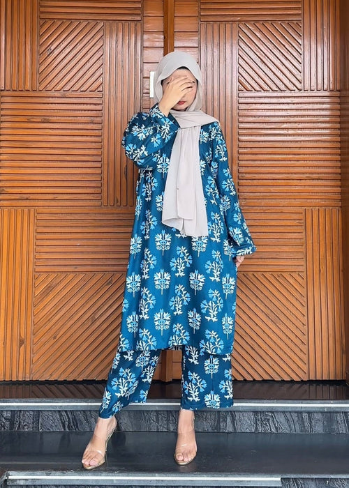 Iris Bloom – Teal Blue Block Printed 2PCs