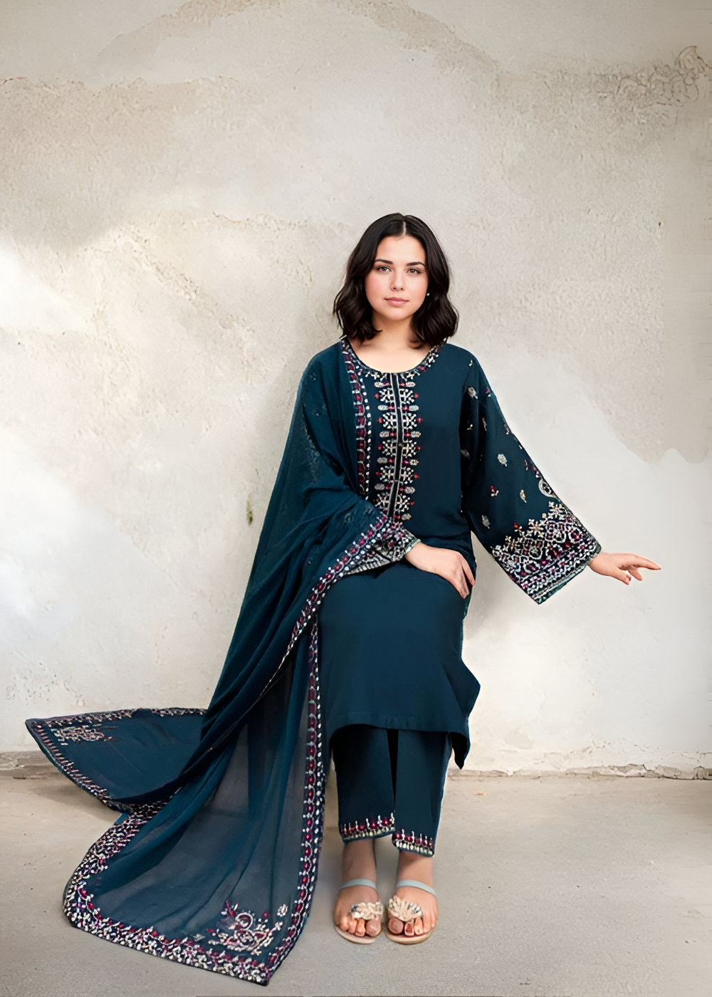 Aadab Embroidered – Teal (3-Piece Suit)